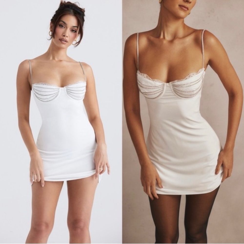 NEVER WORN HOUSE OF CB 'Grace' Ivory Crystallised Mini Dress Small Reg ~ BRIDAL